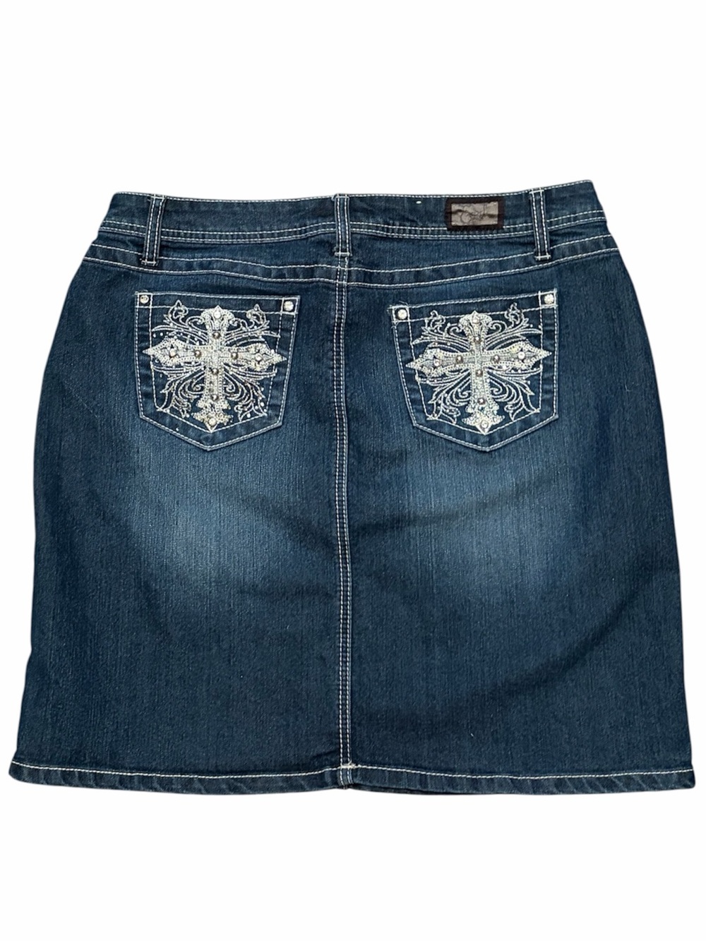 Earl Jean Denim Skirt Rhinestone Cross Pocket Detail - Picture 2 of 6